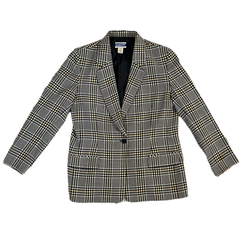 PENDLETON Women's Vintage 100% Wool Black & Yellow Check Blazer ~ Ladies Size 14